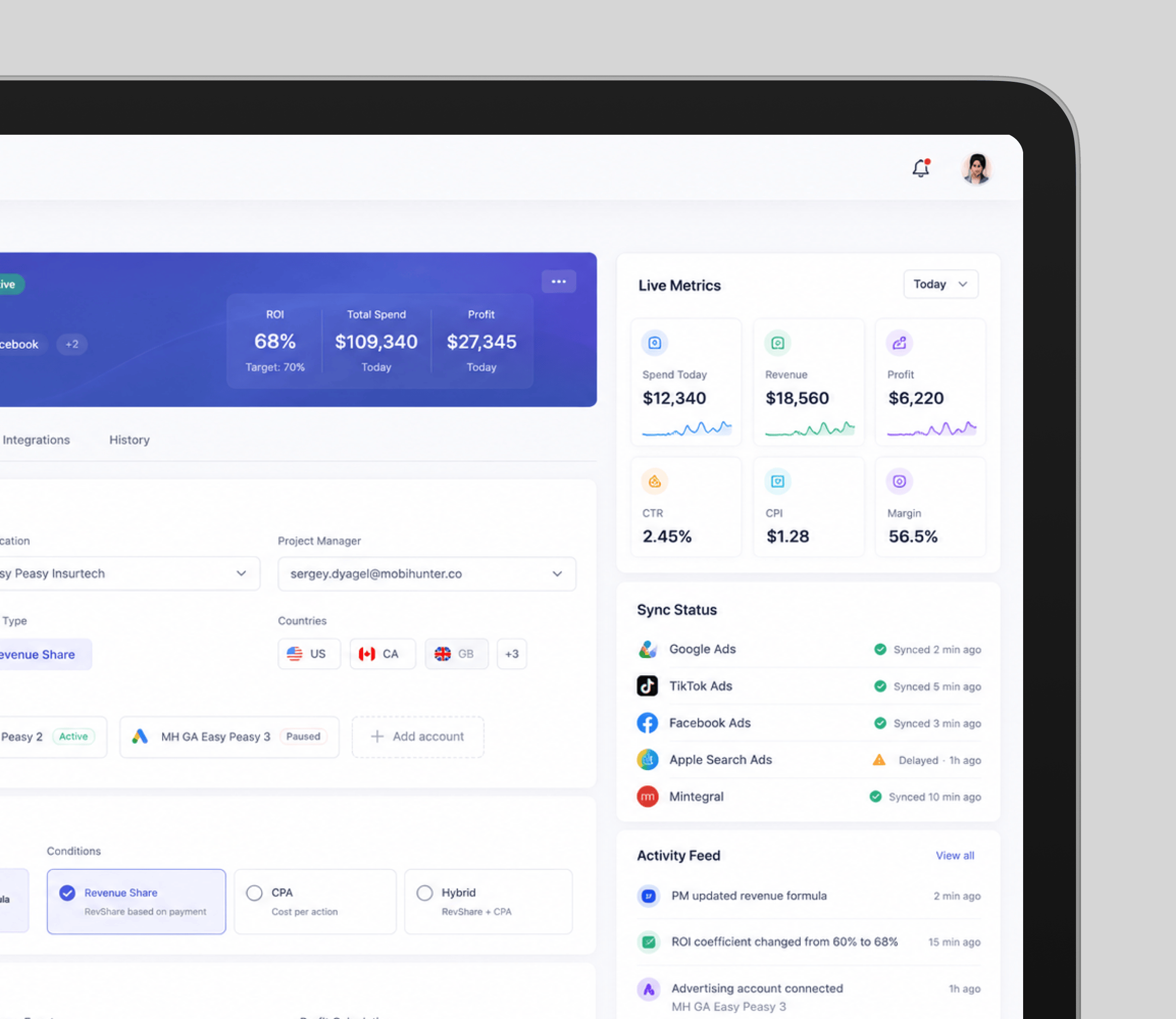 Automated metrics dashboard calculating campaign performance indicators