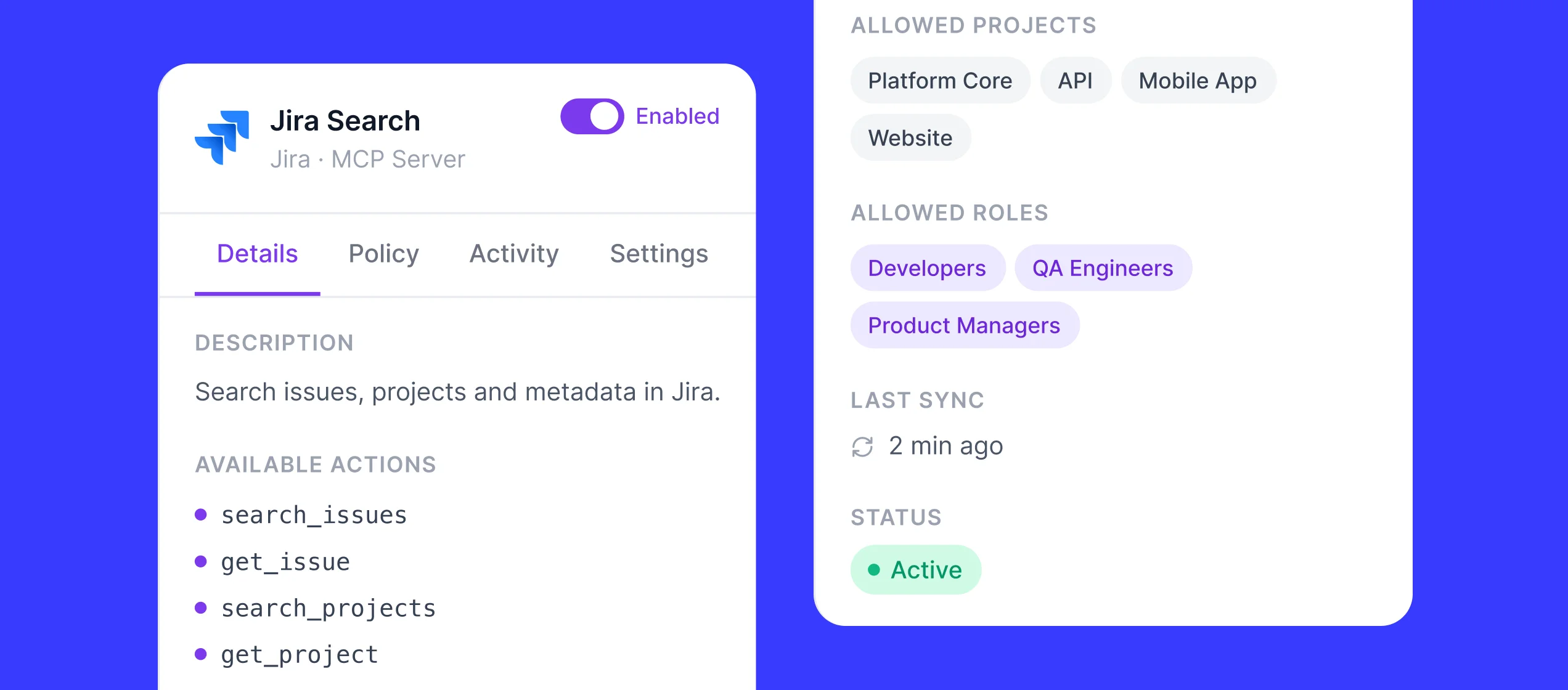 MCP gateway interface showing Jira search and allowed project controls