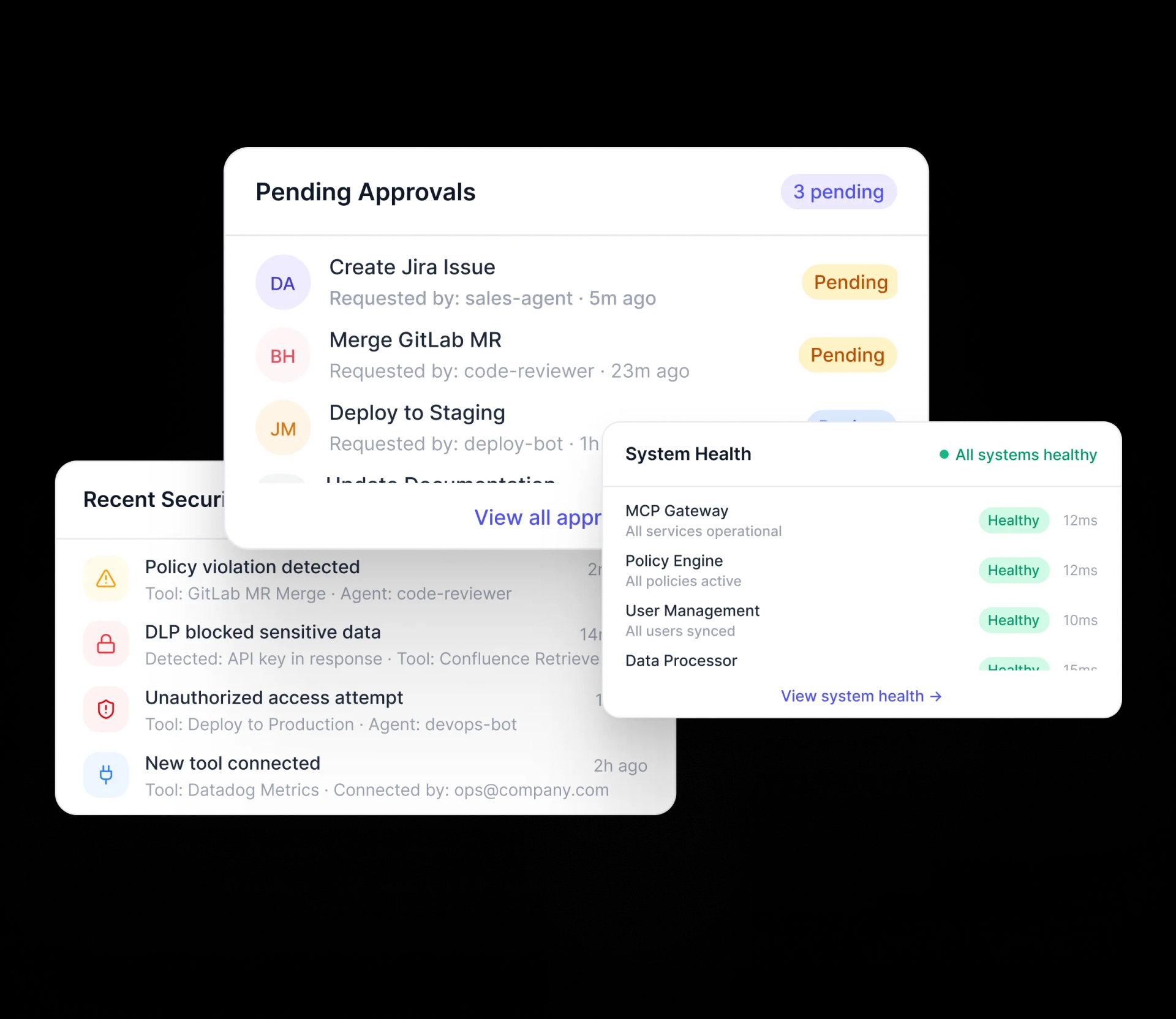 AI security framework interface with pending approvals, security events, and system audit records