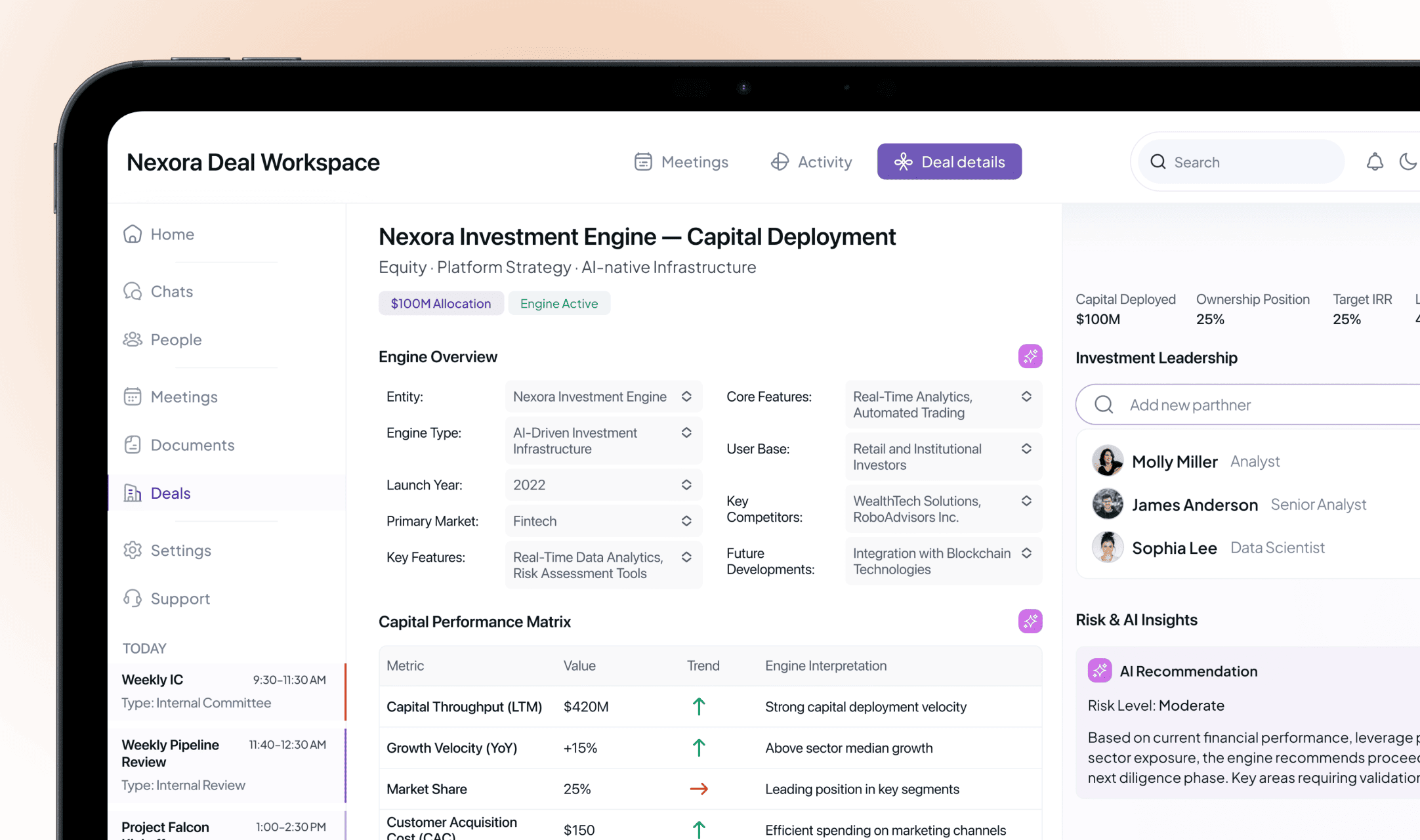 Investment CRM deal workspace showing deployed capital by company, active deals, and key contacts