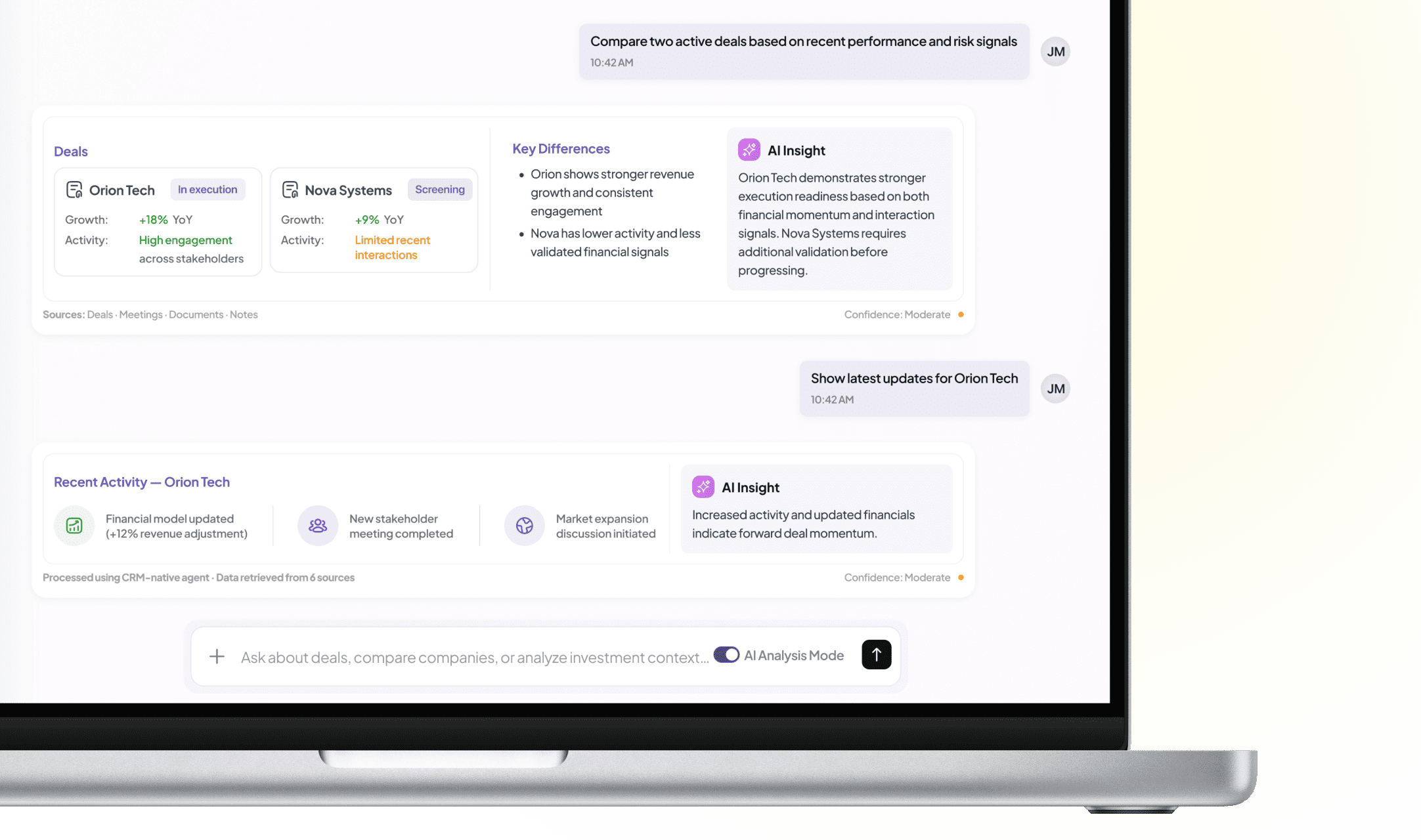 CRM-native assistant comparing opportunities with analysis mode and responses grounded in CRM records