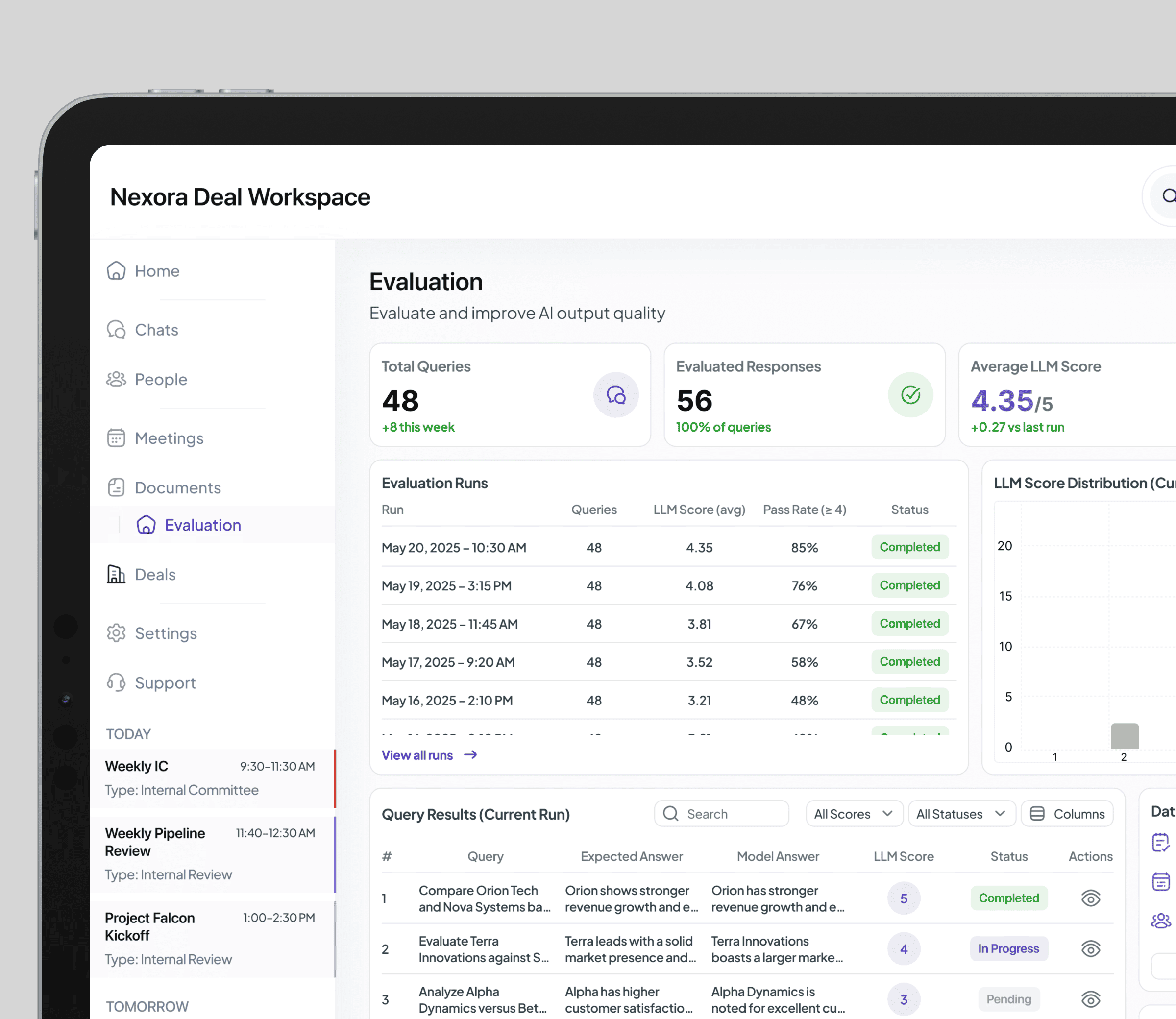 Golden-dataset evaluation dashboard with query counts, LLM-as-a-Judge scores, and historical evaluation runs