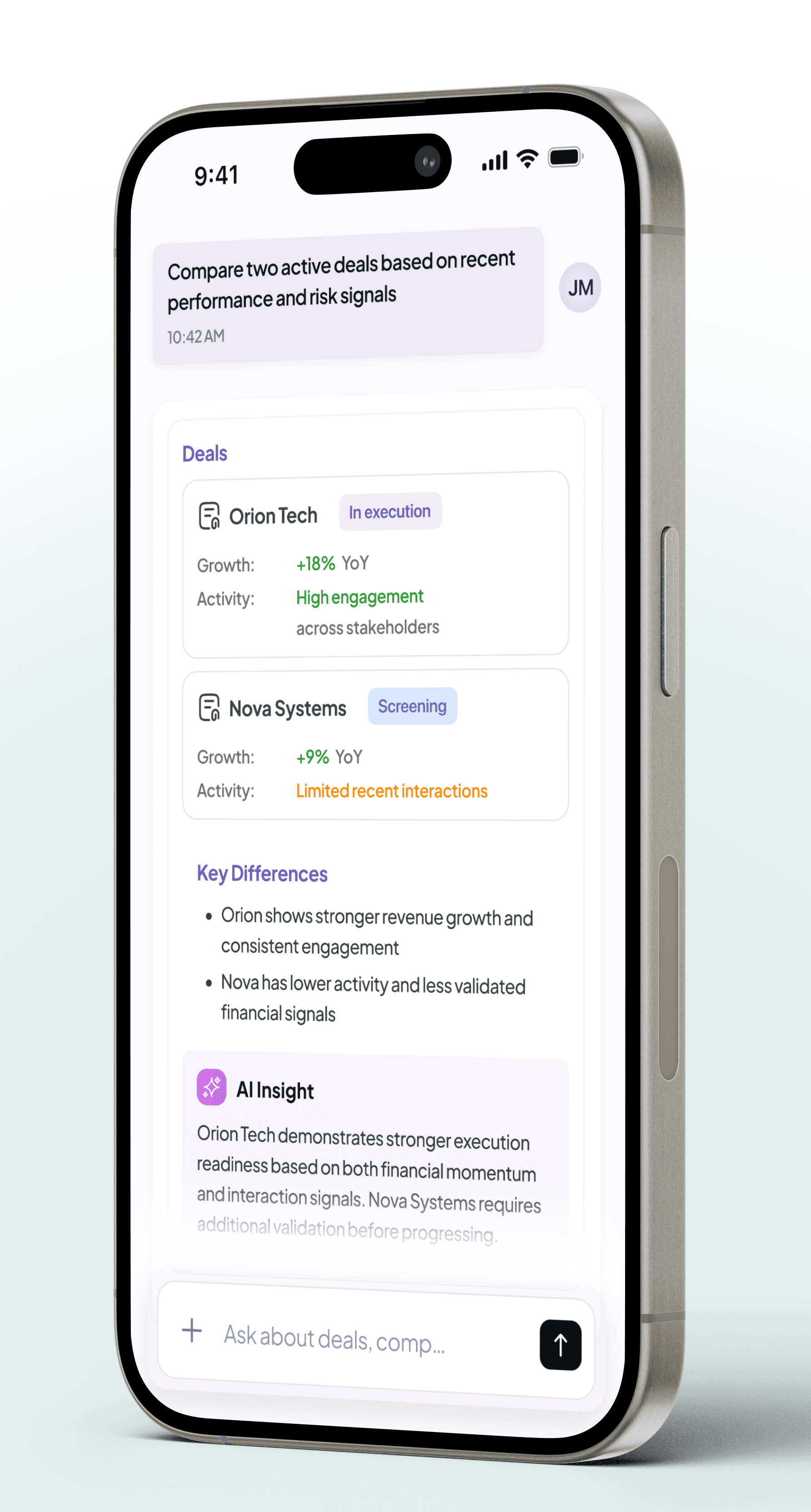 Desktop view of the investment CRM pipeline, capability list, and technology stack for the AI assistant release