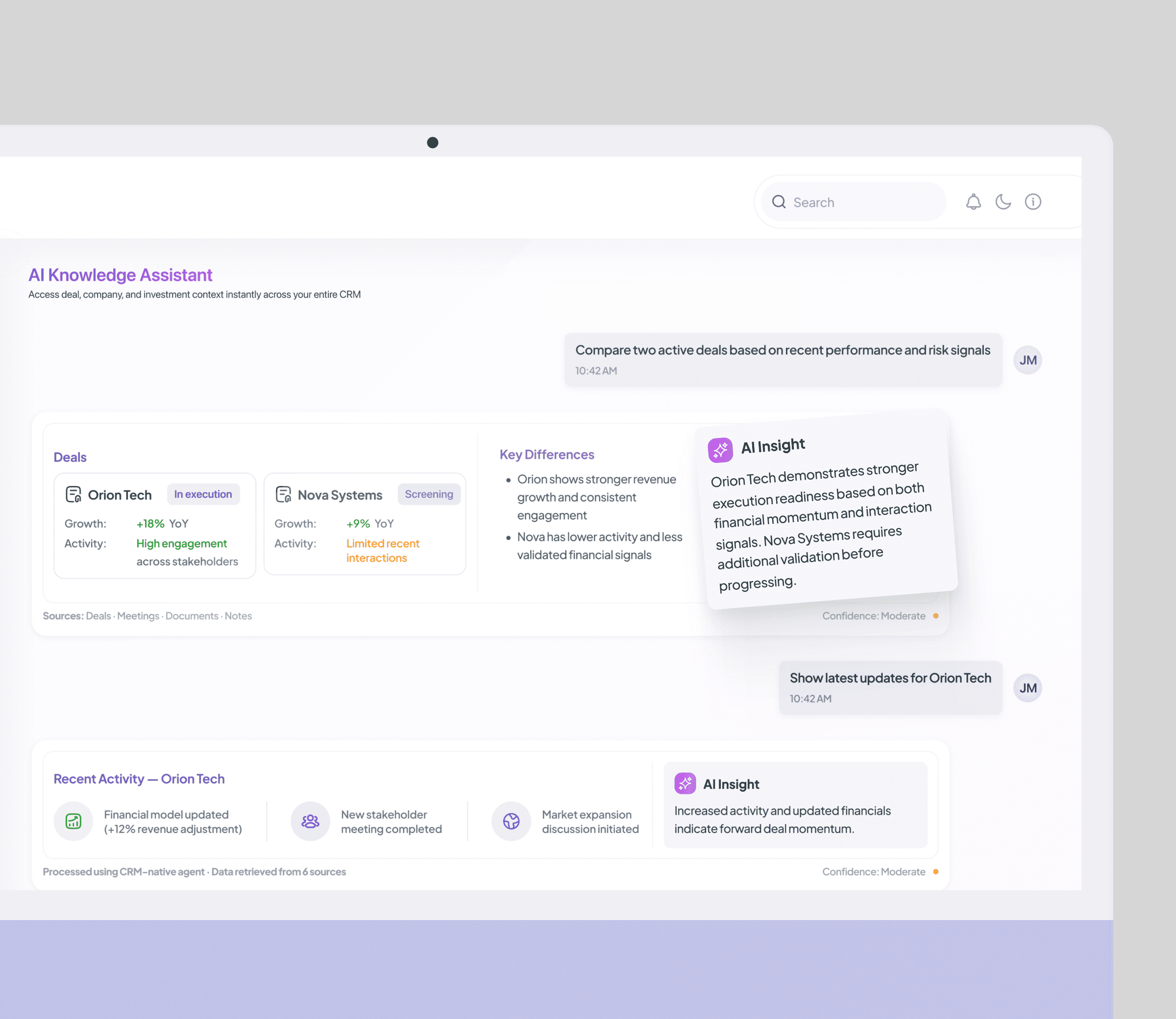 Assistant UI comparing two active deals with performance and risk signals plus sourced CRM and document context