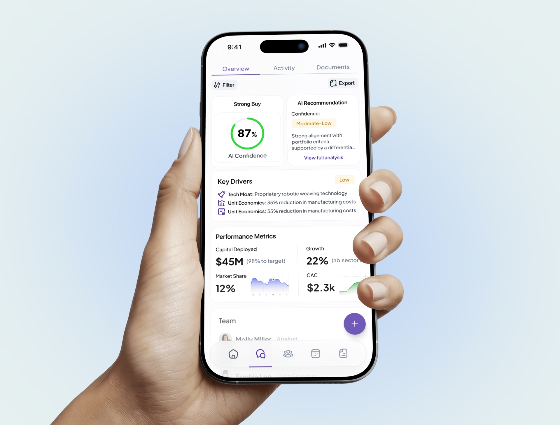 Mobile fintech app dashboard with AI confidence and financial metrics