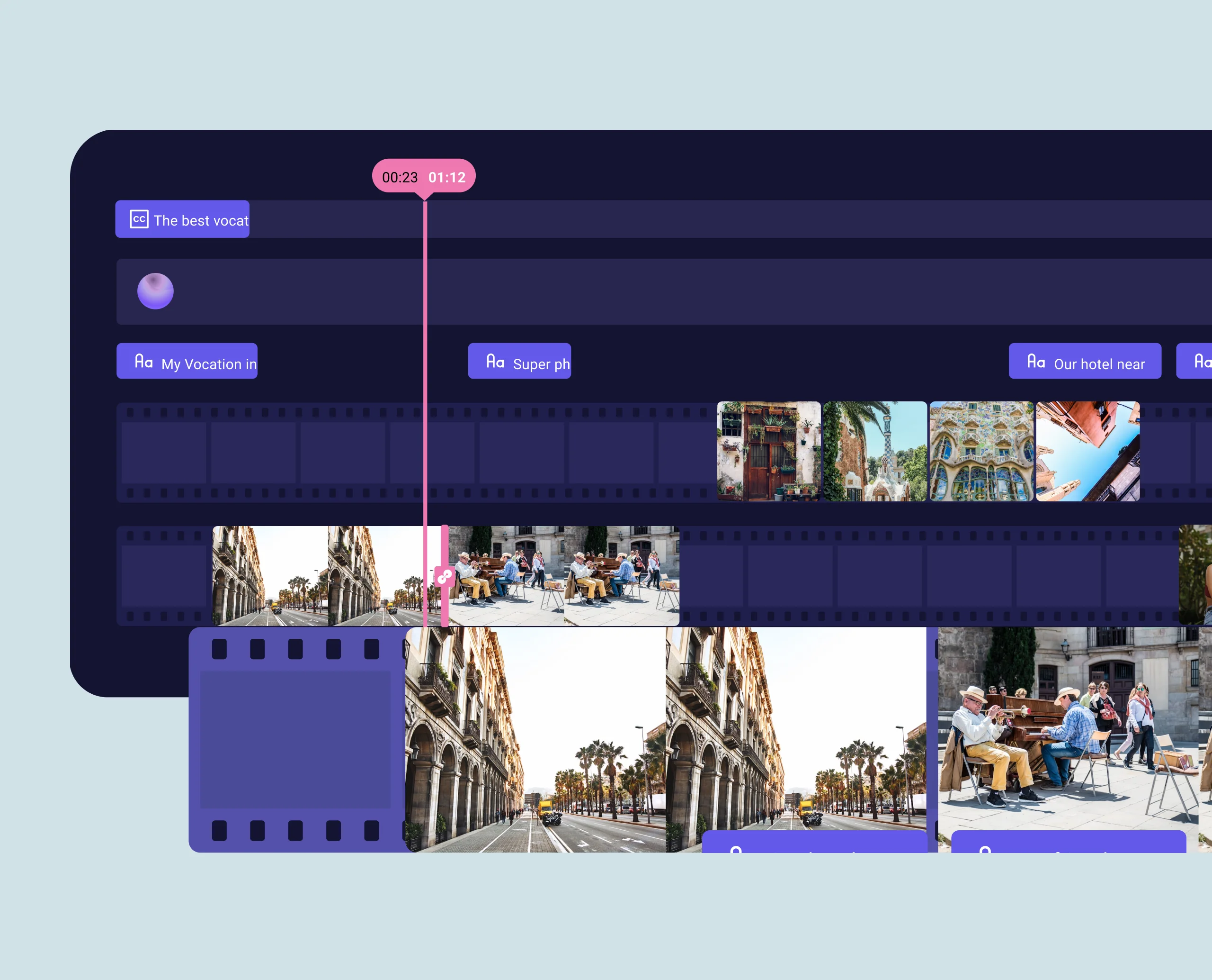 Marketing video editing dashboard with content timeline