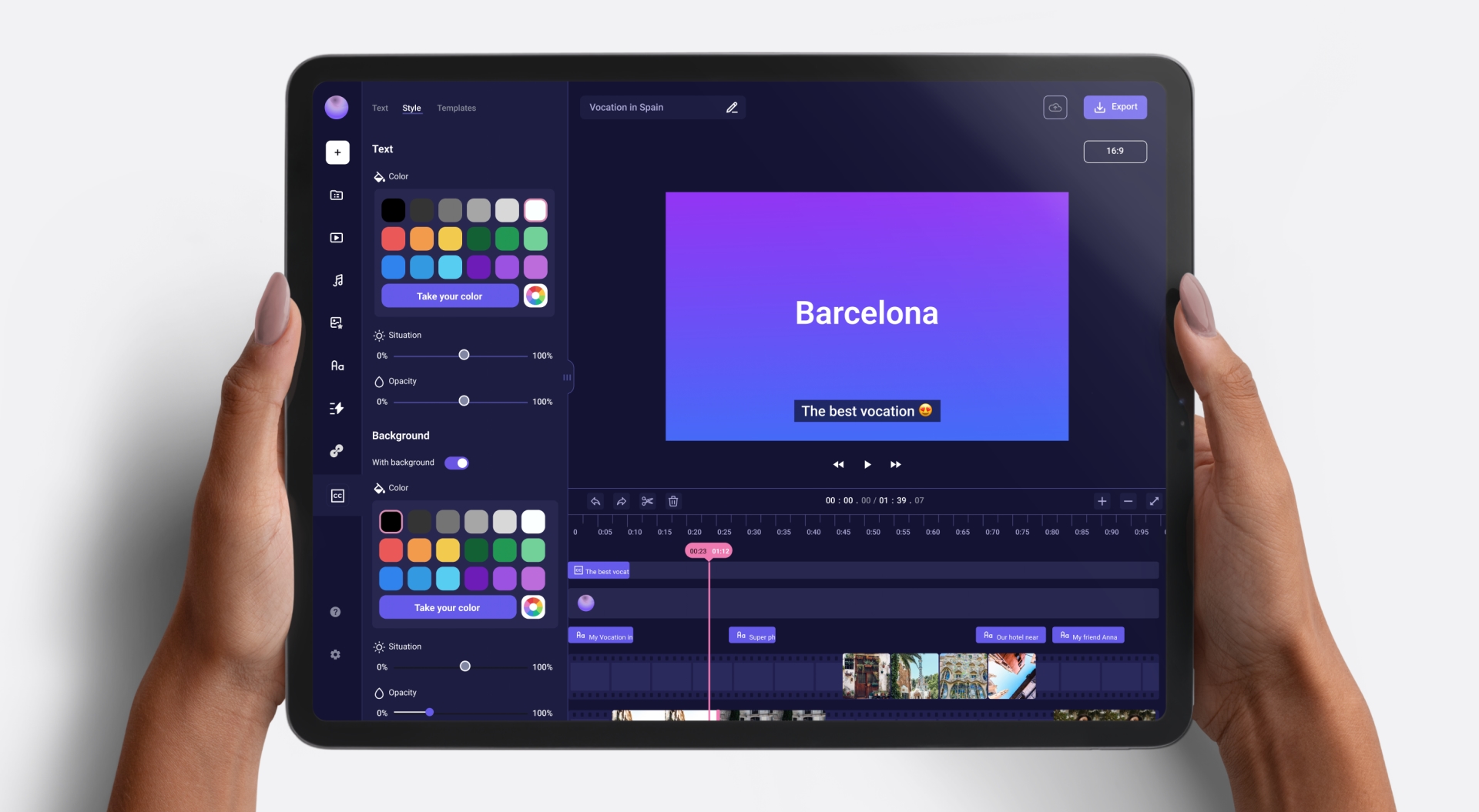 Marketing platform video editor dashboard on a tablet