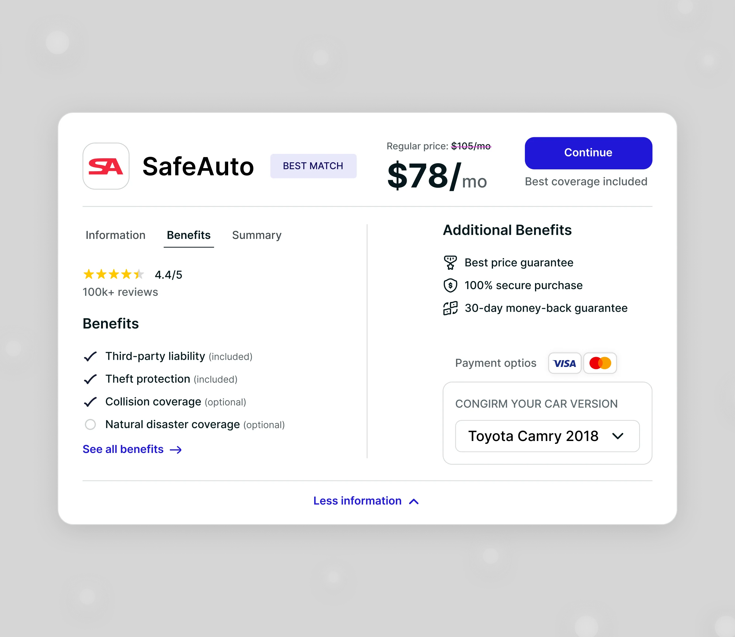 Insurance offer card used in A/B testing to measure revenue uplift