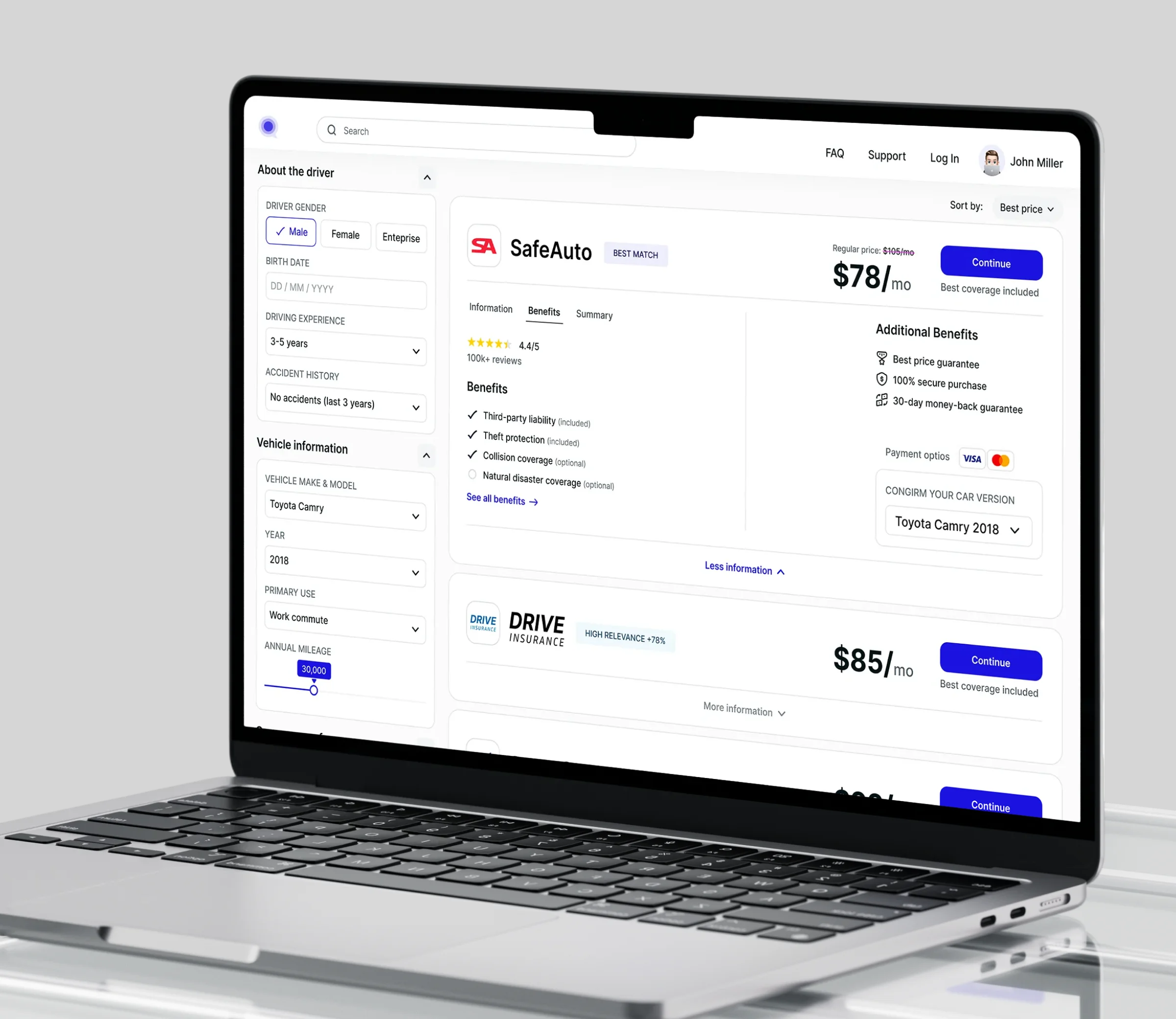 Car insurance quote dashboard with real-time prediction outputs during quote generation