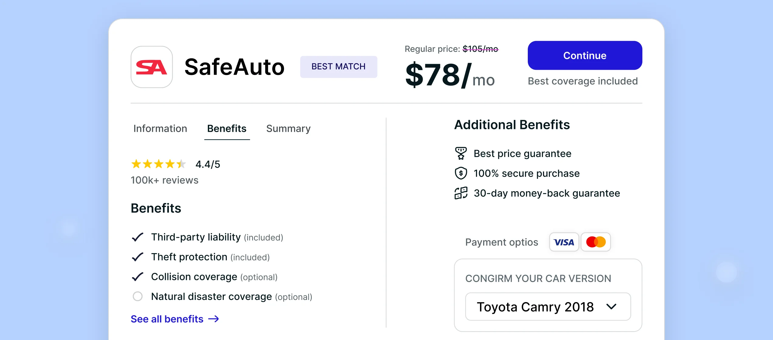 Insurance quote benefits view with coverage details and included options