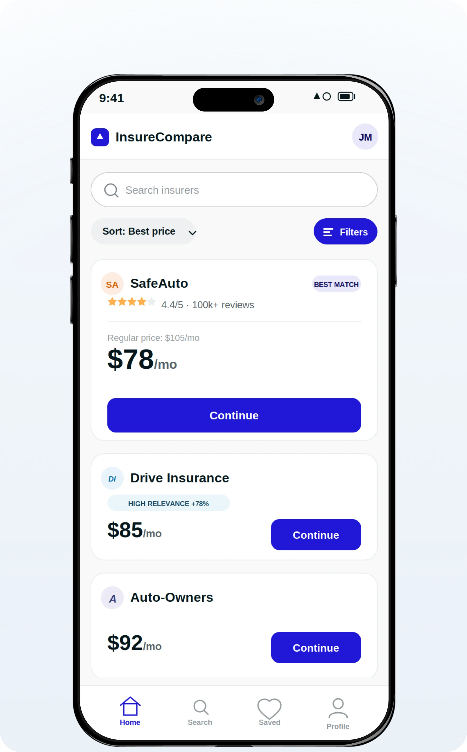 InsureCompare mobile app showing ranked insurance offers by price