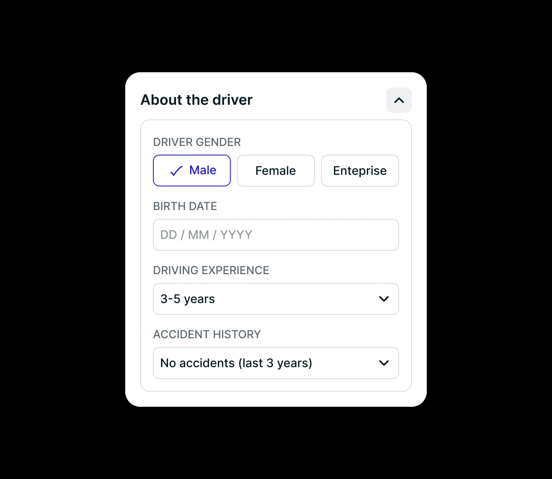 Driver profile form collecting gender, birth date, experience, and accident history