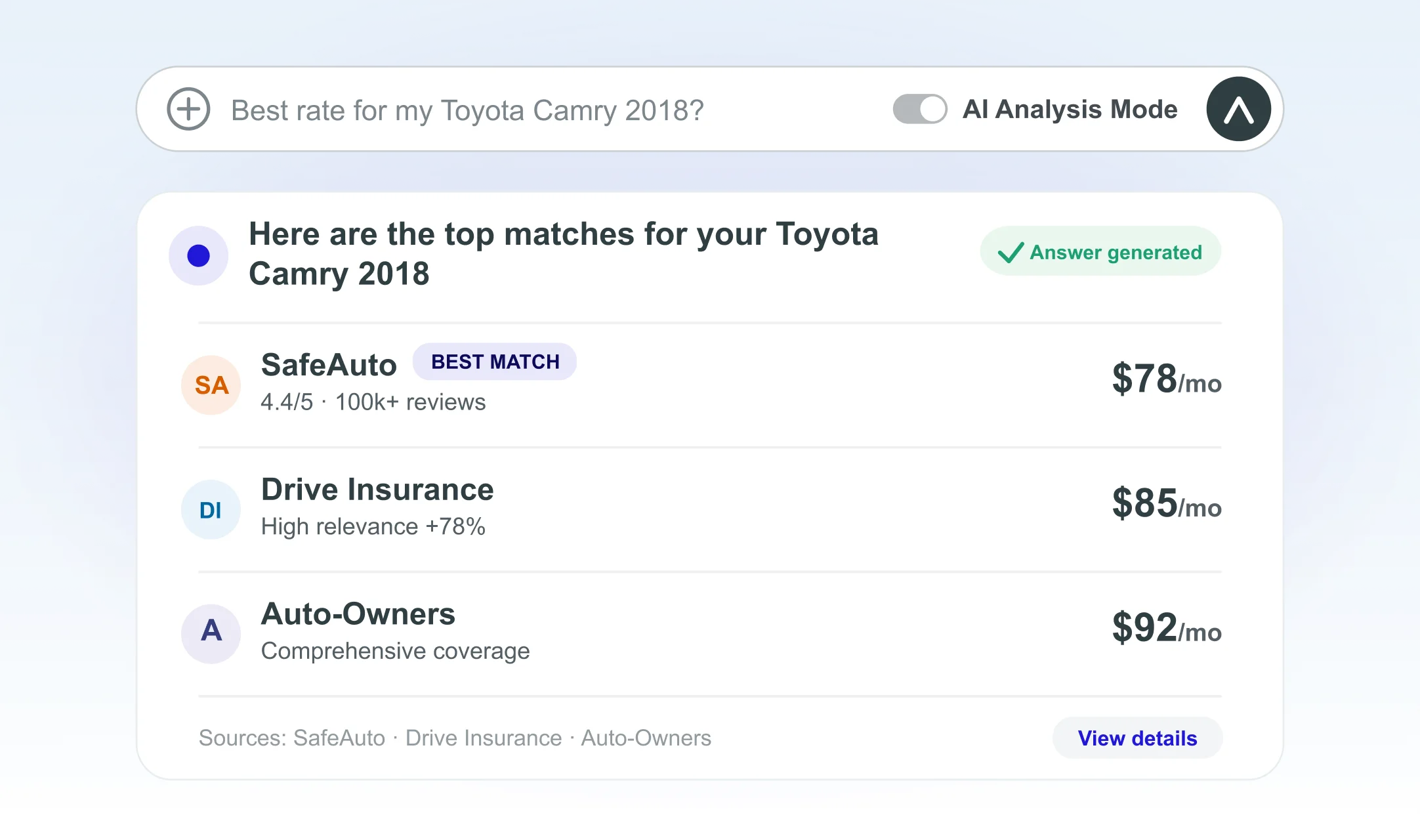 AI analysis showing top insurance matches for a Toyota Camry quote request