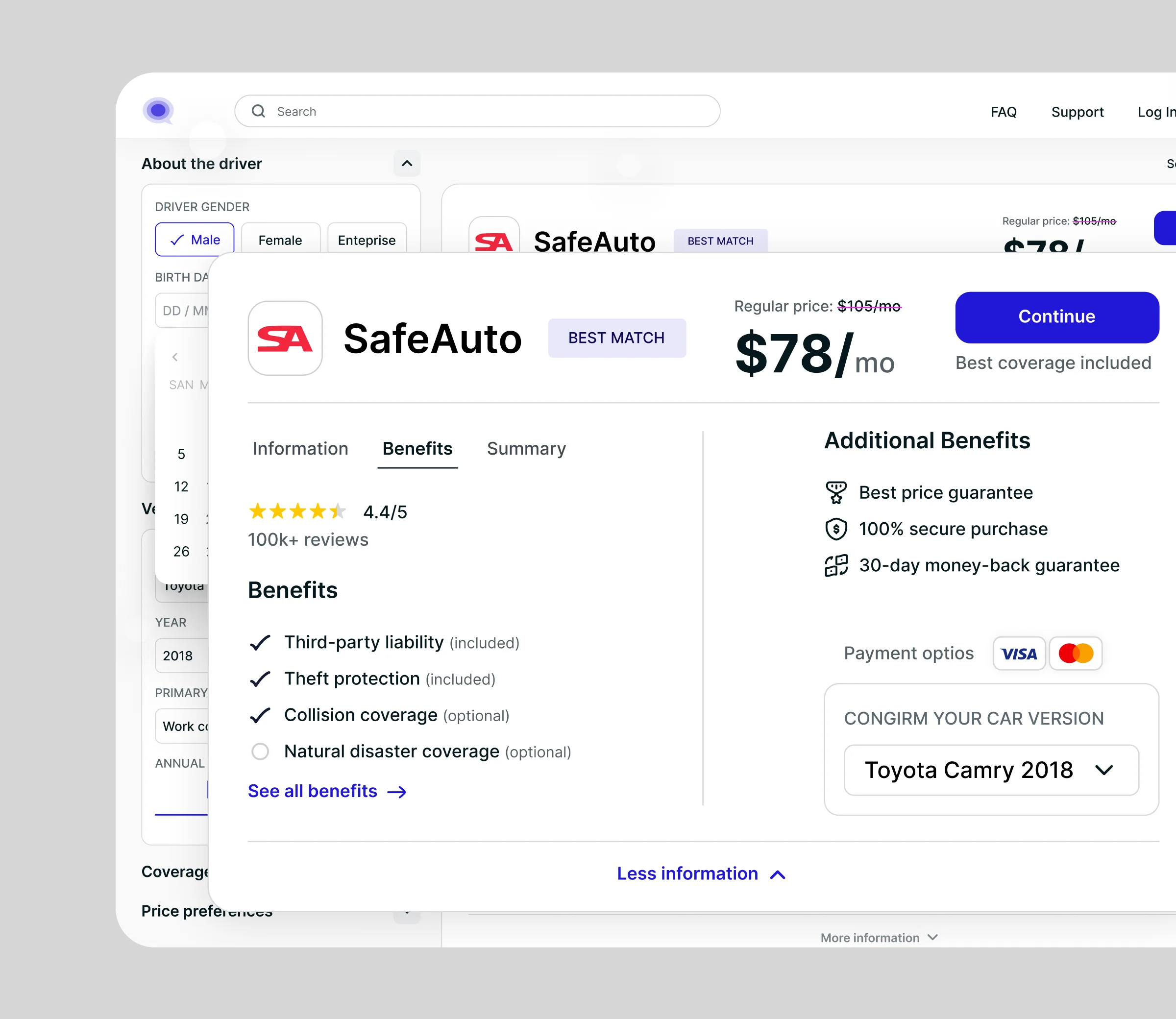 Personalized insurance quote layout with benefits and coverage details