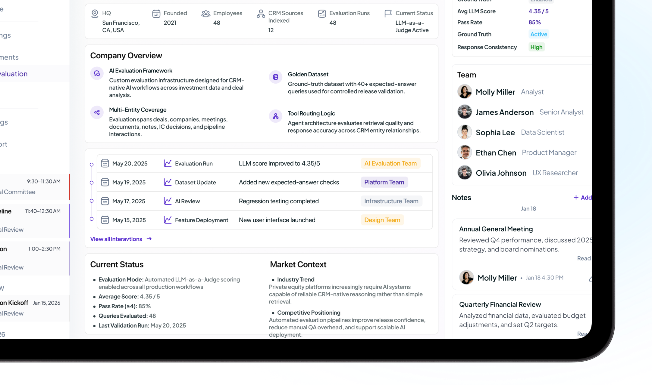 Research workflow dashboard showing due diligence progress and measurable outcomes
