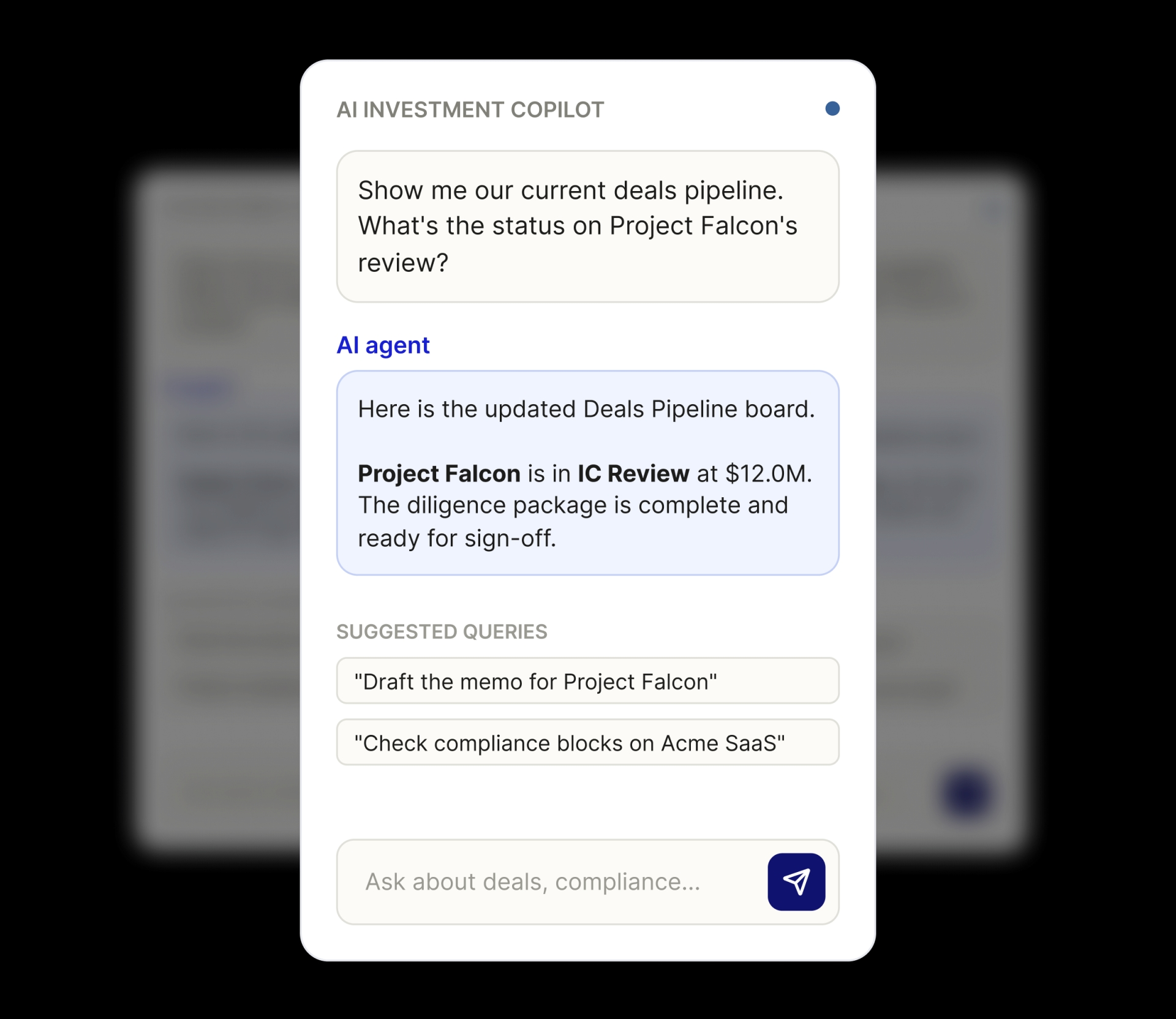 Native MCP integration interface connecting the private equity CRM to AI assistants